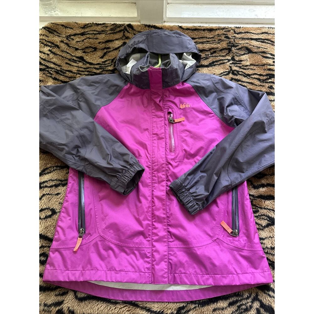 REI Girls Lg (14/16) Hooded Rain Windbreaker Jacket Purple Gray Water Repellent